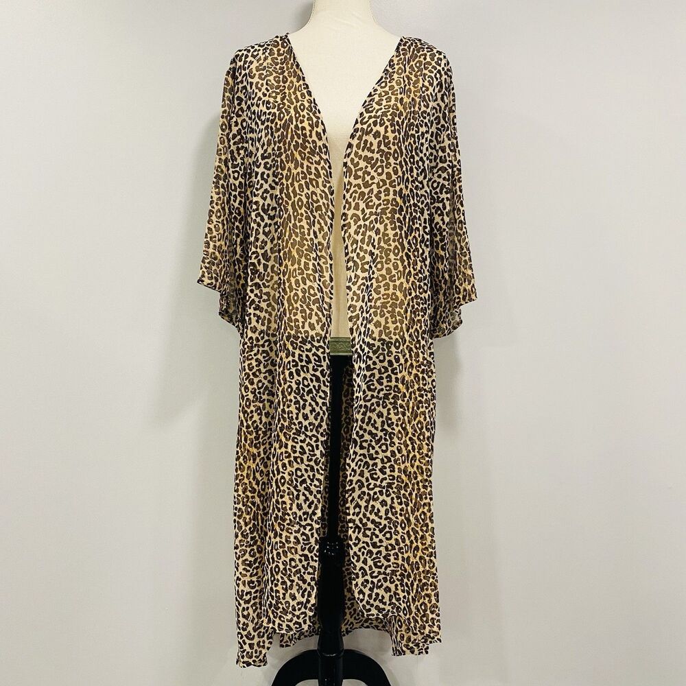 NWT Women OS Leopard Print Longline Kimono Duster Cardigan Sheer Beach Cover Up